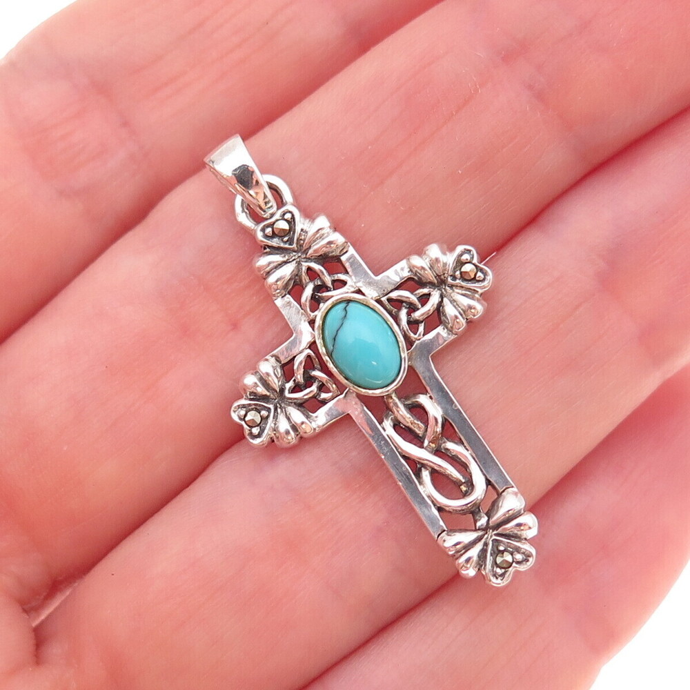Solvar 925 Sterling Silver Vintage Ireland Turquoise & Marcasite Cross Pendant